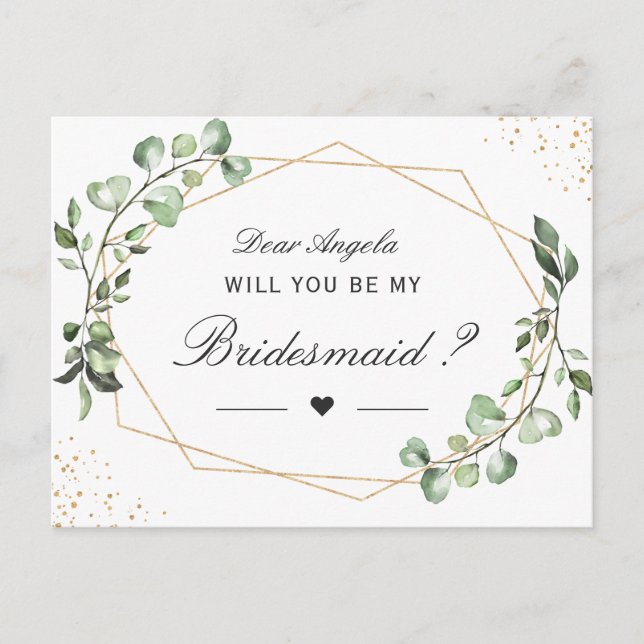 Greenery Eucalyptus Will You Be My Bridesmaid Invitation Postcard (Front)
