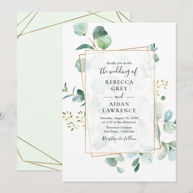 Greenery Eucalyptus with Geometric Frame Wedding Invitation (Front/Back)