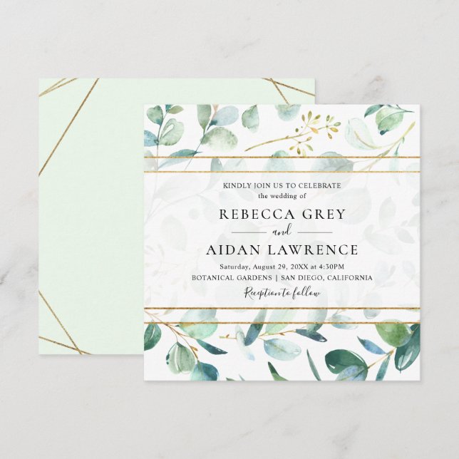 Greenery Eucalyptus with Geometric Frame Wedding Invitation (Front/Back)