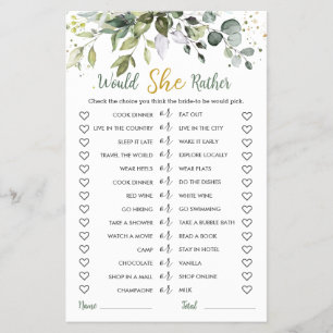 Greenery Eucalyptus Would She Rather Bridal Game Flyer