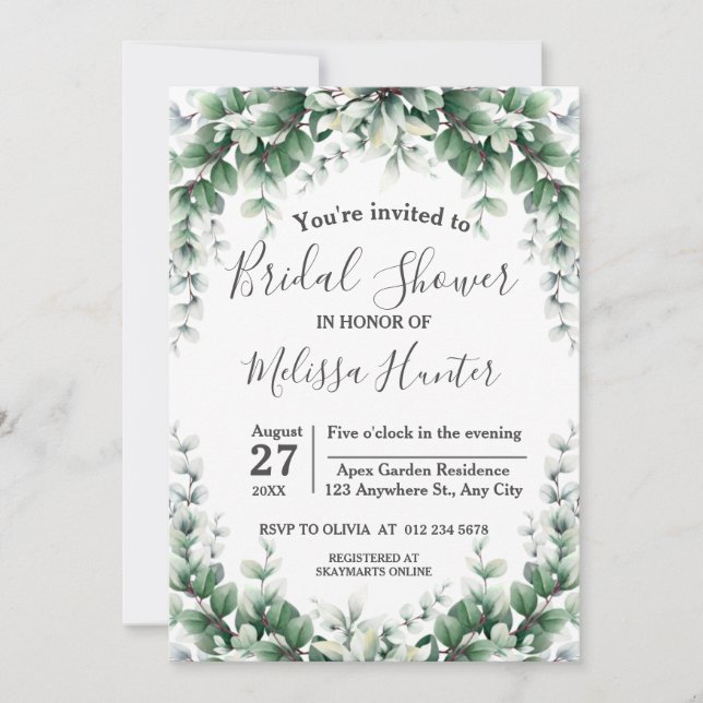 Greenery Eucalyptus Wreath Foliage Bridal Shower Invitation (Front)