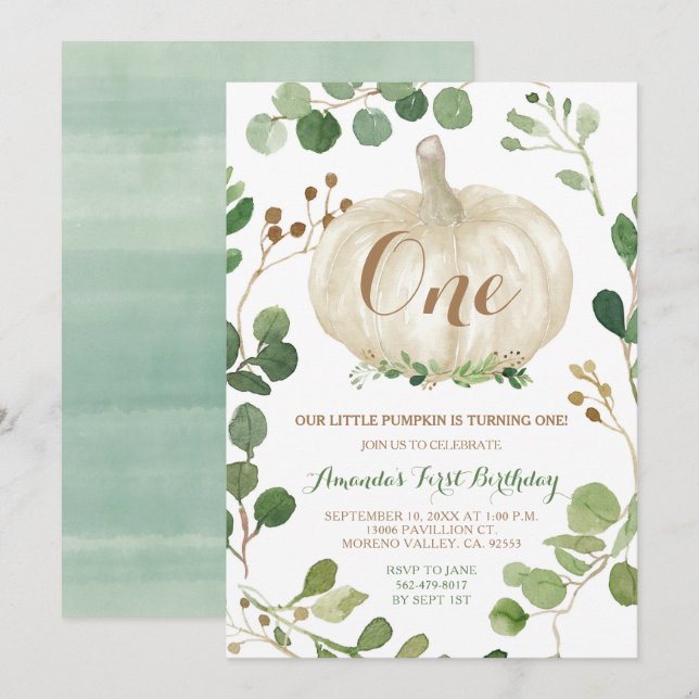 Greenery Fall White Pumpkin 1st Birthday   Invitation (Front/Back)