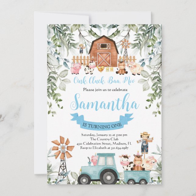 Greenery Farm Animals Barnyard Blue Boy Birthday Invitation (Front)