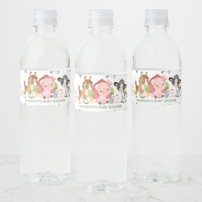 Greenery Farm Animals Birthday Baby Shower Water Bottle Label (Bottles)