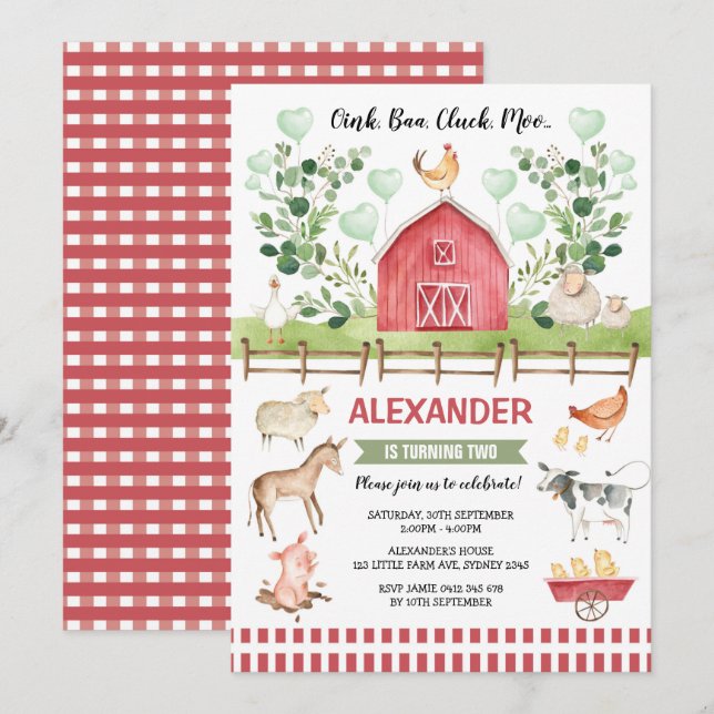 Greenery Farm Barnyard Animals Birthday Bash Invitation (Front/Back)