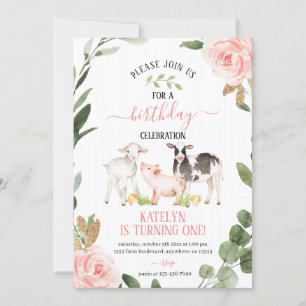 Greenery Farm Birthday Invitation with Flowers