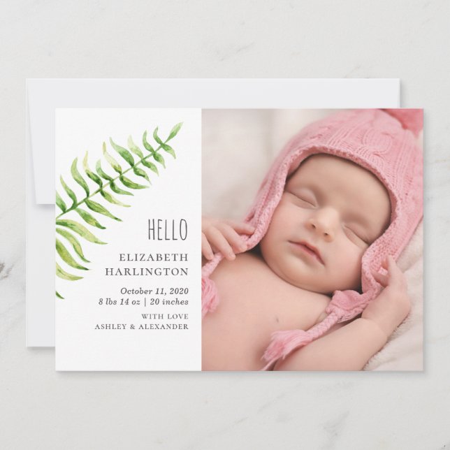 Greenery fern new baby birth. Botanical newborn Announcement (Front)