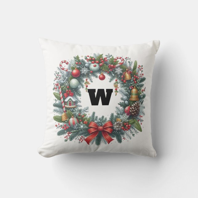 greenery festive christmas wreath throw pillow (Front)