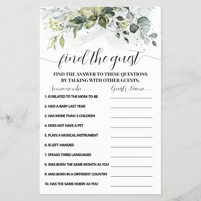 Greenery Find the Guest Baby Shower Game card (Front)