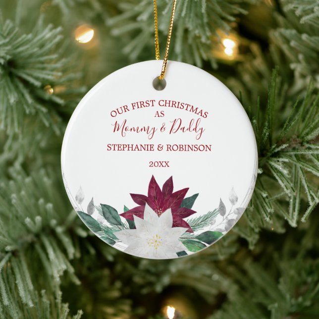 Greenery First Christmas as Mommy and Daddy Ceramic Ornament (Tree)