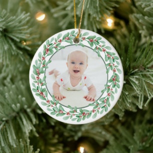 Greenery First Christmas Personalized Photo Ceramic Ornament