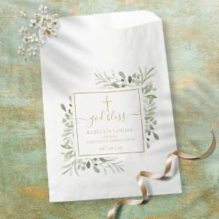 Greenery First Communion Gold Script Favour Bag