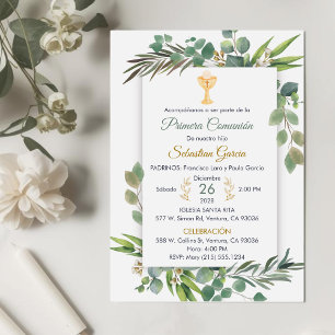 Greenery First Communion in Spanish Cute Chalice Invitation