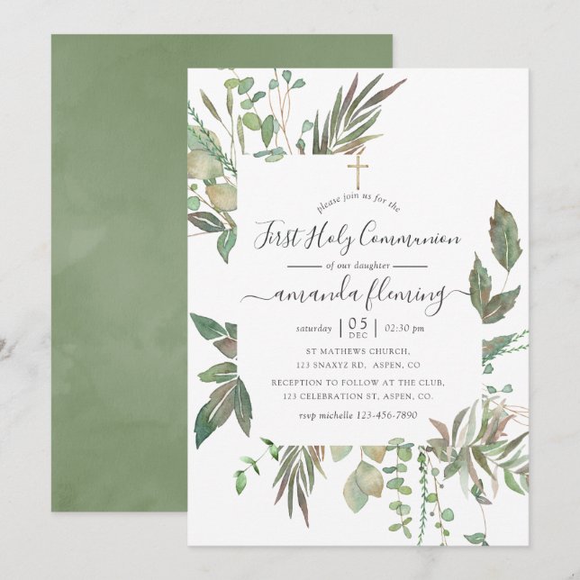 Greenery First Holy Communion Invitation (Front/Back)