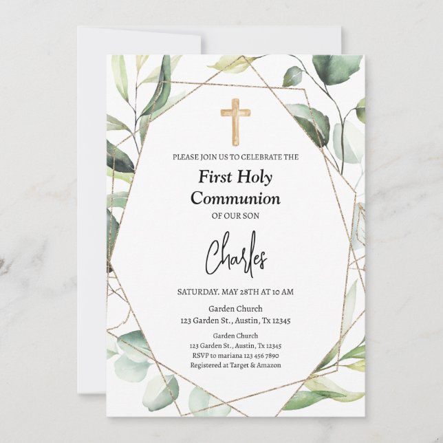 Greenery First Holy Communion Neutral Invitation (Front)
