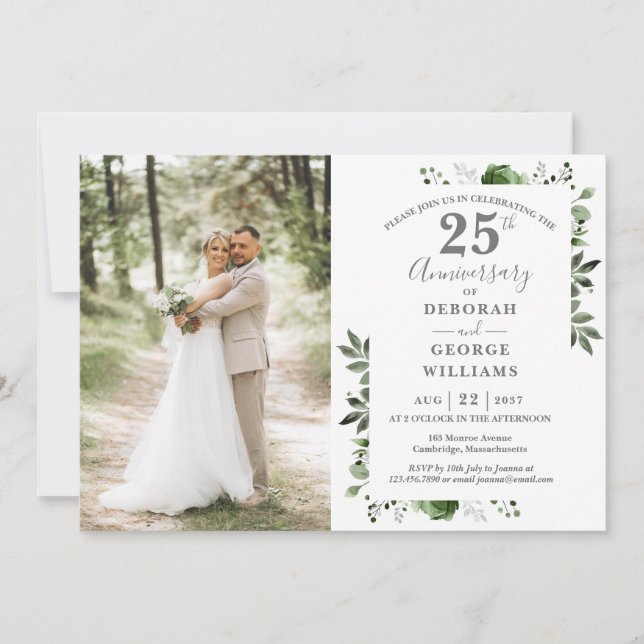 Greenery Floral 25th Wedding Anniversary Photo Invitation (Front)
