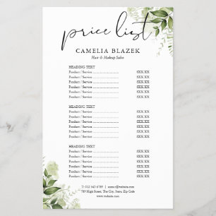 Greenery Floral 2 Sided Service Menu Price List