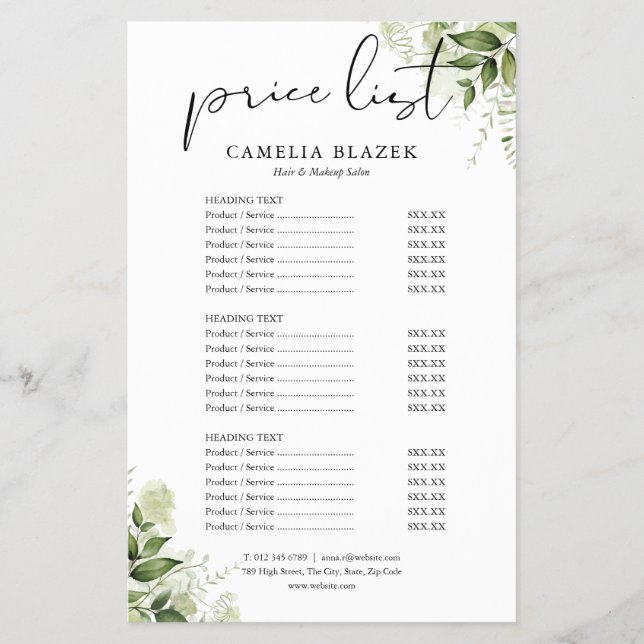Greenery Floral 2 Sided Service Menu Price List (Front)