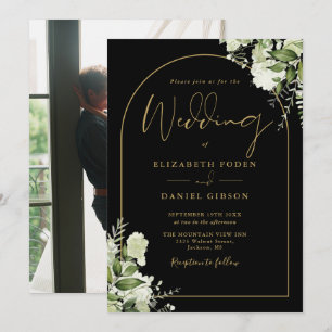 Greenery Floral Black And Gold Arch Photo Wedding Invitation