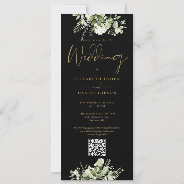 Greenery Floral Black And Gold QR Code Wedding Invitation (Front)