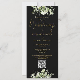 Greenery Floral Black And Gold QR Code Wedding Invitation