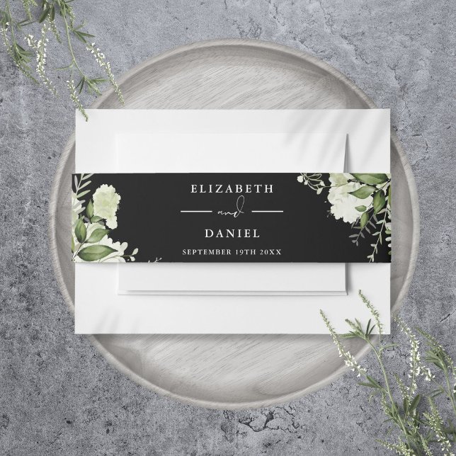 Greenery Floral Black And White Wedding Invitation Belly Band (Greenery Floral Black And White Wedding Invitation Invitation Belly Band)