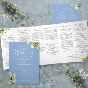 Greenery Floral Blue Catholic Wedding Mass Tri-Fold Programme