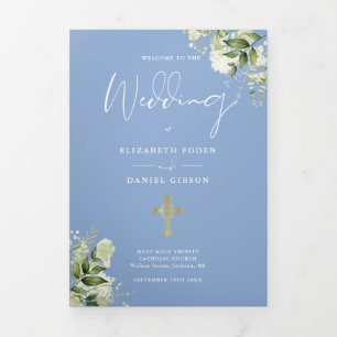 Greenery Floral Blue Catholic Wedding Mass Tri-Fold Programme