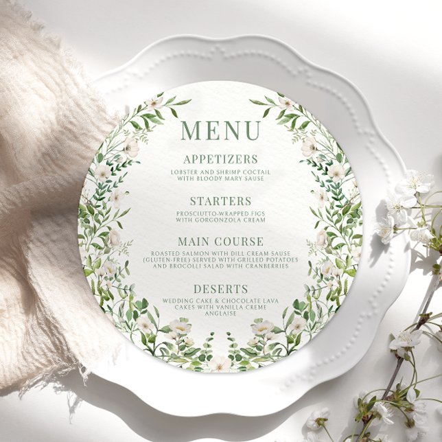 Greenery floral boho round wedding Menu Card Plate (Creator Uploaded)