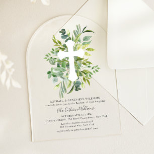 Greenery Floral Botanical Cross Baptism Acrylic Invitations