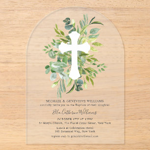 Greenery Floral Botanical Cross Baptism Acrylic Invitations