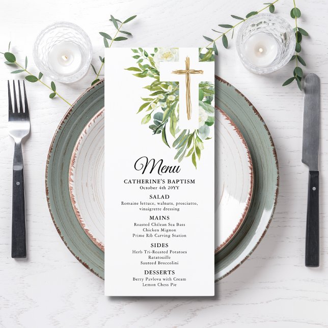Greenery Floral Botanical Cross Elegant Baptism Menu (Creator Uploaded)