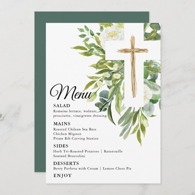 Greenery Floral Botanical Cross Elegant Baptism Menu (Front/Back)