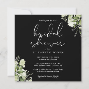 Greenery Floral Bridal Shower Black And White Invitation