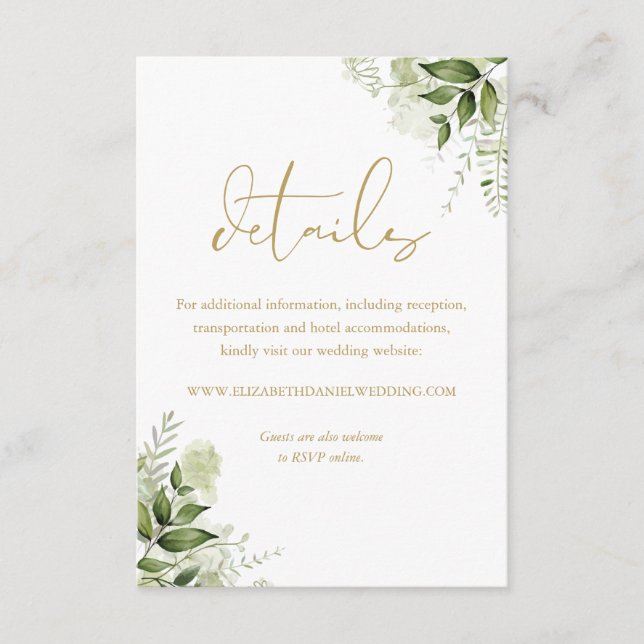 Greenery Floral Chic Gold Script Wedding Details Enclosure Card (Front)