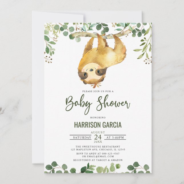 Greenery Floral Cute Sloth Baby Shower Invitation (Front)