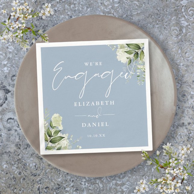 Greenery Floral Dusty Blue Engagement Party Napkin (Greenery Floral Dusty Blue Engagement Party Napkins)