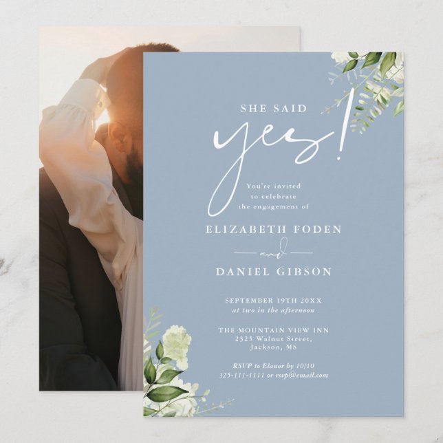 Greenery Floral Dusty Blue Photo Engagement Party Invitation (Front/Back)