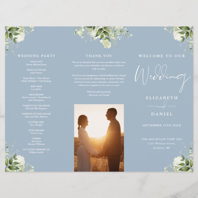 Greenery Floral Dusty Blue Trifold Wedding Program (Front)