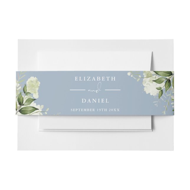 Greenery Floral Dusty Blue Wedding Invitation Belly Band (Front Example)