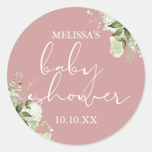 Greenery Floral Dusty Rose Girl Baby Shower Favour Classic Round Sticker