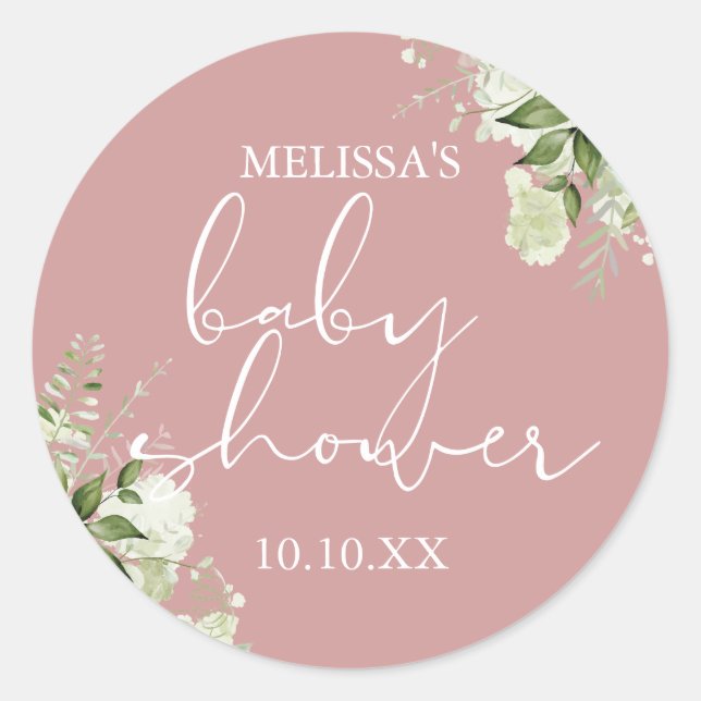 Greenery Floral Dusty Rose Girl Baby Shower Favour Classic Round Sticker (Front)