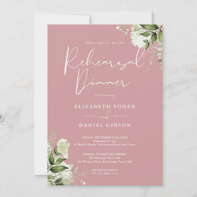 Greenery Floral Dusty Rose Rehearsal Dinner Invitation (Front)