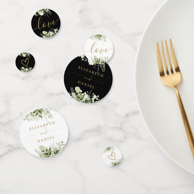 Greenery Floral Elegant Black And Gold Wedding Confetti (Group)