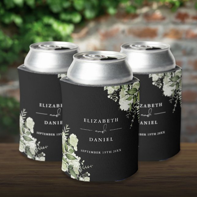 Greenery Floral Elegant Black And White Wedding Can Cooler (Greenery Floral Elegant Black And White Wedding Can Cooler)