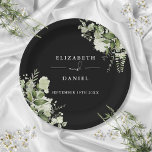 Greenery Floral Elegant Black And White Wedding Paper Plate<br><div class="desc">Elegant floral greenery black and white wedding paper plate personalized with your names and special wedding date. Designed by Thisisnotme©</div>