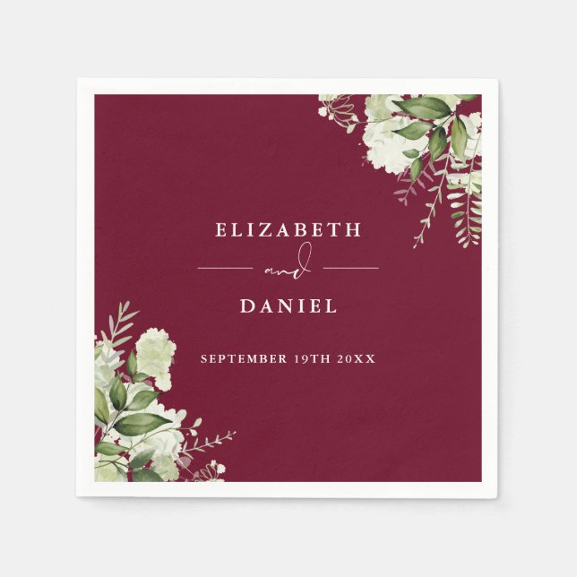 Greenery Floral Elegant Burgundy Wedding Napkin (Front)