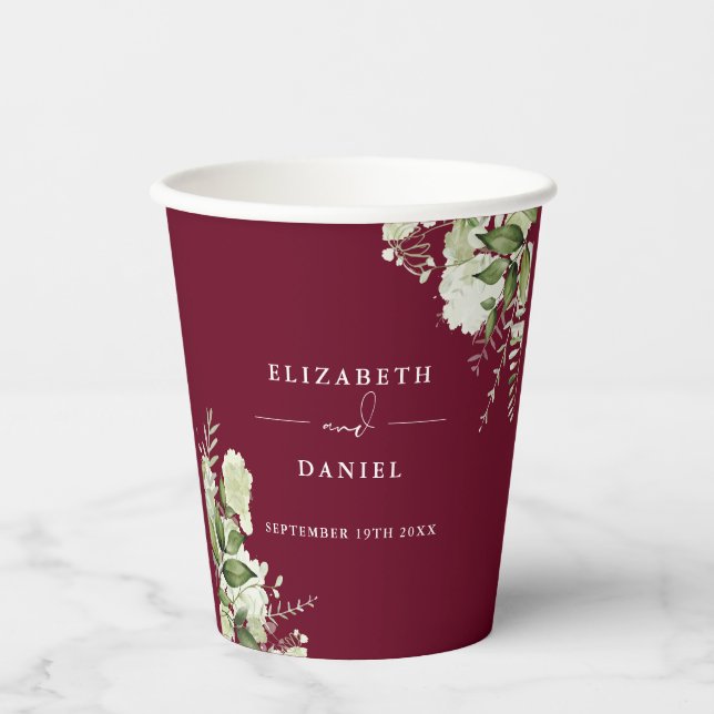 Greenery Floral Elegant Burgundy Wedding Paper Cups (Front)