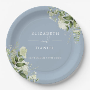 Greenery Floral Elegant Dusty Blue Wedding Paper Plate