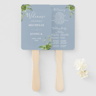 Greenery Floral Elegant Dusty Blue Wedding Program Hand Fan